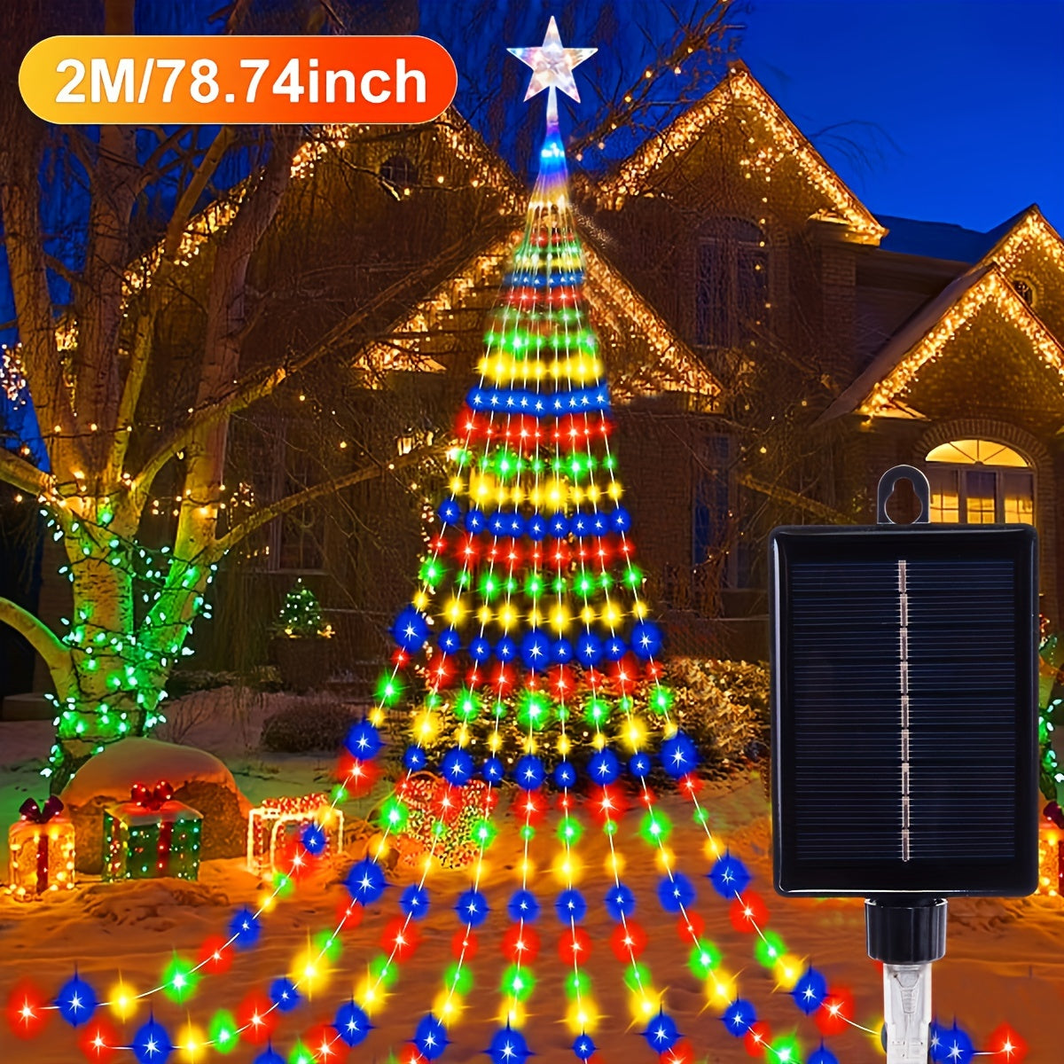 Luces Navideñas Solares para Exteriores de 1 pieza, Cadena de Luces Estrella de Navidad con 280 LED y 9 Hilos de Luz en Cascada para Árbol, 8 Modos, para Jardín, Patio y Decoración Navideña, Multicolor, Blanco Cálido IP54 200LEDs