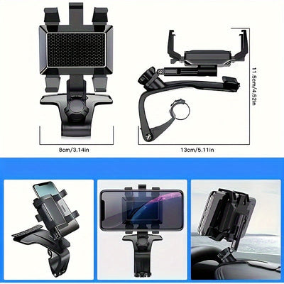 Soporte para Teléfono Móvil de Coche, Soporte Multifuncional para Salpicadero con Clip Ajustable 360°, Compatible con Smartphones de 3 a 17.78 cm