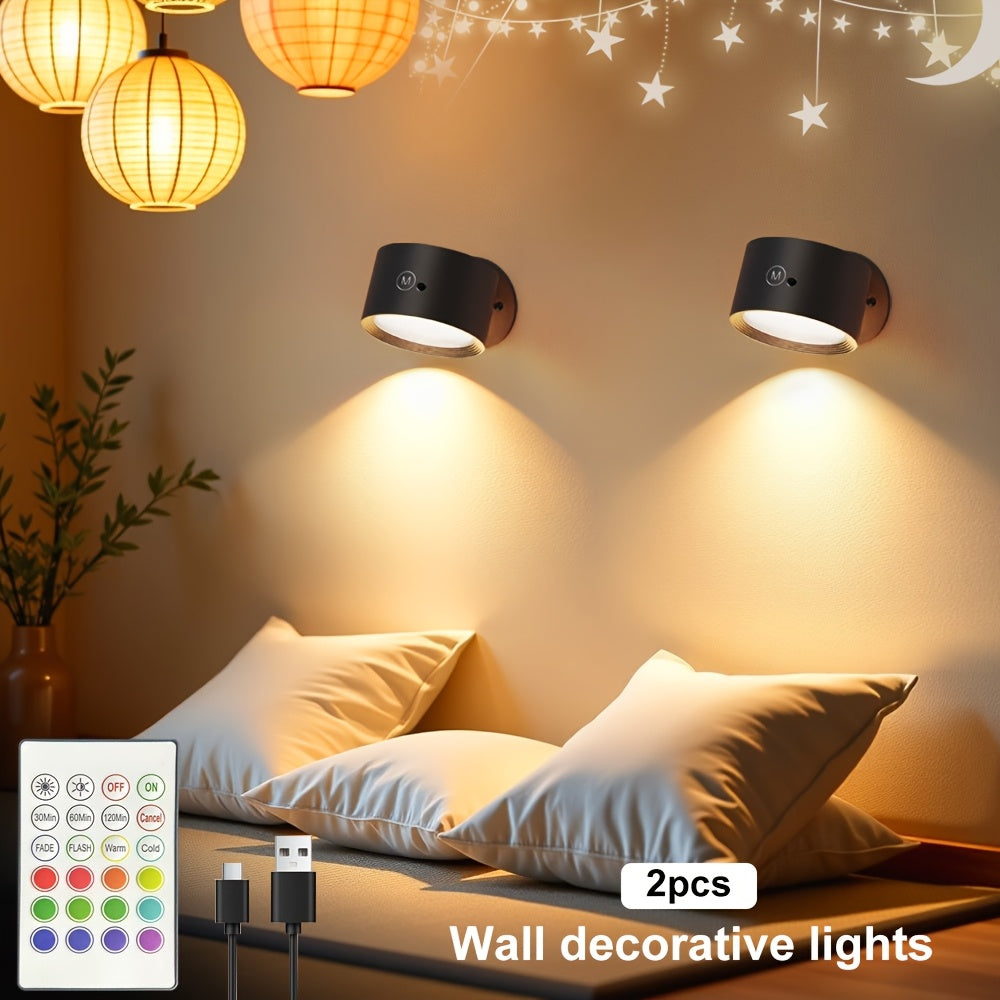 2 luces LED ambientales para pared, 12 colores RGB + 2 colores, rotación 360°, con control remoto, carga USB, luz decorativa con marco LED, iluminación portátil para interiores, ideal para lectura, noche y dormitorio, perfecta para salas, habitaciones, p