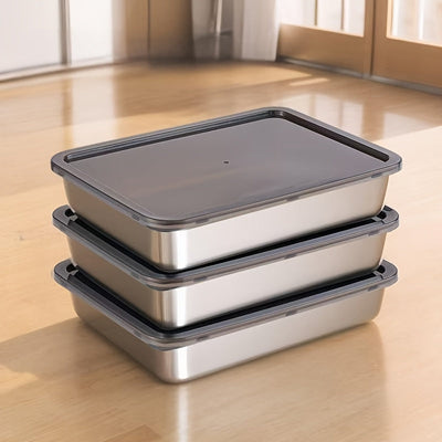 Juego de 3 contenedores de almacenamiento de alimentos de acero inoxidable con tapas negras, aptos para microondas, a prueba de fugas, reutilizables, forma cuadrada, cierre de tapa giratoria, uso múltiple, aptos para contacto con alimentos.