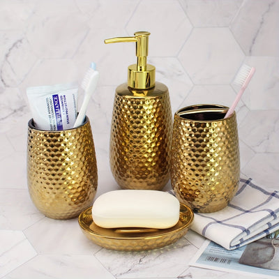 Juego de 4 piezas de accesorios de baño, incluyendo dispensador de agua para maquillaje, recipiente para jabón, vaso y soporte para cepillo de dientes, adecuado para decoración de baño