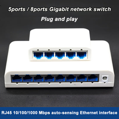 Conmutador de red Ethernet Gigabit de 5 puertos / 8 puertos, 5/8 puertos Gigabit, admite red de 10/100/1000 Mbps, plug-and-play, fácil de transportar e instalar, divisor de red Gigabit, centro de red, conmutador de red doméstica pequeña, adaptador de red