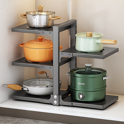 Estante de olla de acero inoxidable de 2 niveles, organizador de cocina ajustable para almacenamiento en encimera y debajo del fregadero, duradero y resistente a la corrosión, forma rectangular, soporte de olla montado en pared para uso en cocina hogareña