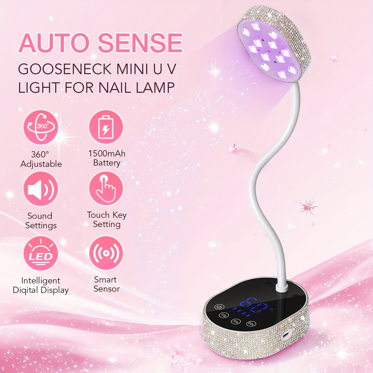 Linterna Profesional para Uñas con Temporizador Digital - Secador de Uñas LED Portátil, Luz Endurecedora USB con Pantalla LCD, Rápida para Hogar y Salón, Regalo de Cumpleaños para Técnicas de Uñas (Batería 1500mAh), Linterna para Gel, Decorada con Rhines