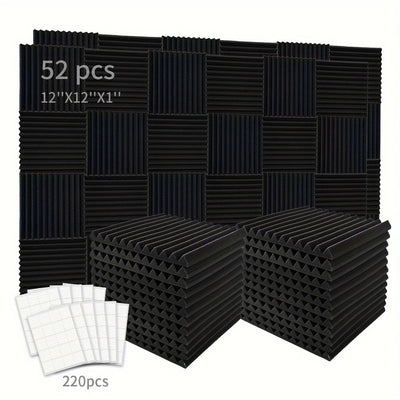 [52 piezas, espuma acústica] 52 piezas de espuma acústica negra para insonorización | Paneles en forma de cuña de 30.48 cm x 30.48 cm x 2.54 cm con adhesivo doble cara, ideal para reducir ruido en dormitorios, estudios y oficinas