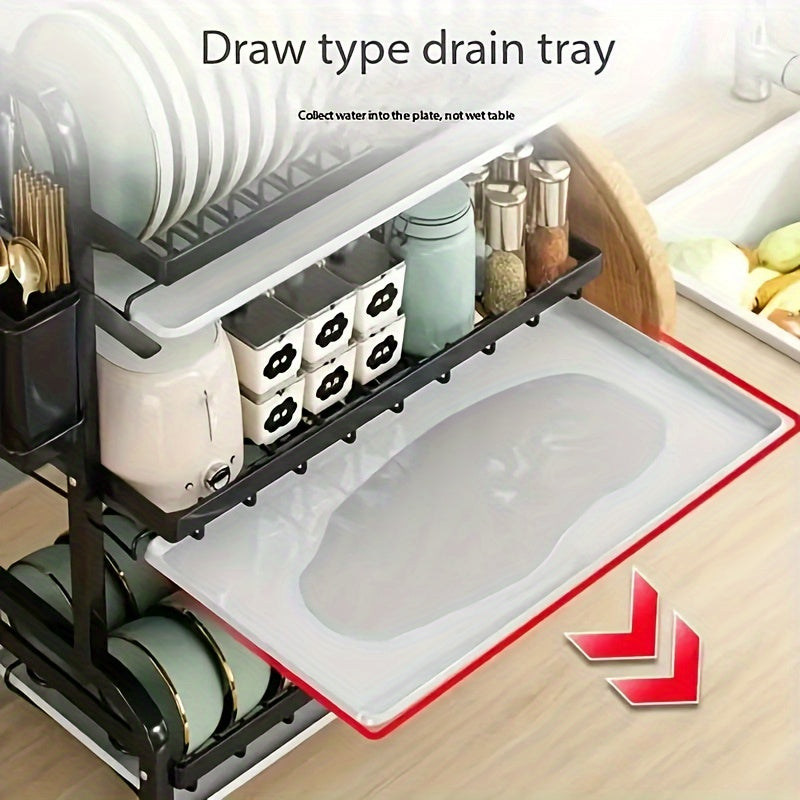 Escurridor de Platos de 2/3 Niveles, con Bandeja de Drenaje y Plato Goteador, Organizador de Cubiertos, Soporte para Cuchillos y Tenedores, Tabla de Cortar, Porta Palillos, Apto para Encimeras de Cocina, Accesorios de Cocina