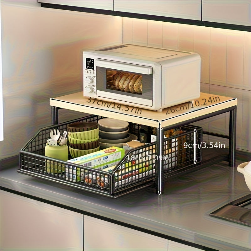 1 estante de microondas para cocina con cajón - Estructura sólida de madera y metal, organizador de encimera que ahorra espacio para utensilios, platos y tazas - No requiere electricidad, diseño elegante, construcción duradera, perfecto para la organizac