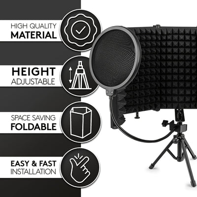 Escudo aislante para micrófono de estudio con trípode, espuma absorbente de alta densidad para filtrado vocal, escudo de sonido plegable para micrófono condensador, ideal para música, podcasts, canto y transmisiones, equipo de grabación | Diseño plegable