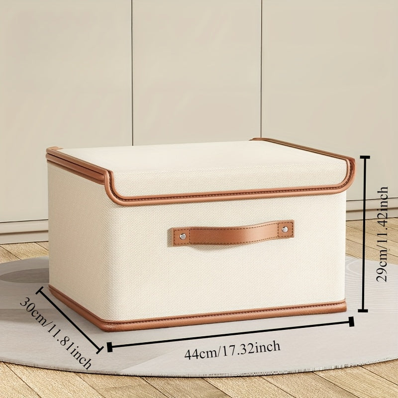 1pc Cestas de Almacenamiento Decorativas Plegables con Tapas - Asas Tipo Cuero Sintético Blanco y Marrón, Canastas de Poliéster Duraderas para Estantes, Organización del Hogar