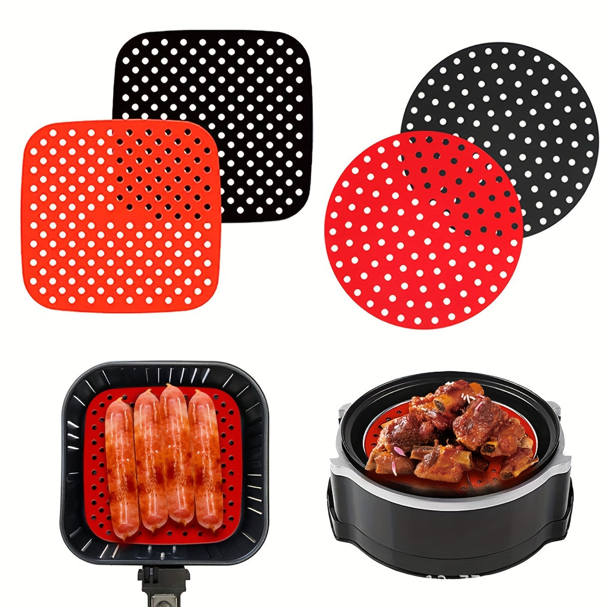 1pc Revestimiento de Silicona Reutilizable para Freidora de Aire - Fácil de Limpiar, Alfombrilla Antiadherente en Rojo y Negro, Perfecto para Cocinar Saludable, Compatible con la Mayoría de Freidoras de Aire, Accesorios para Freidora de Aire