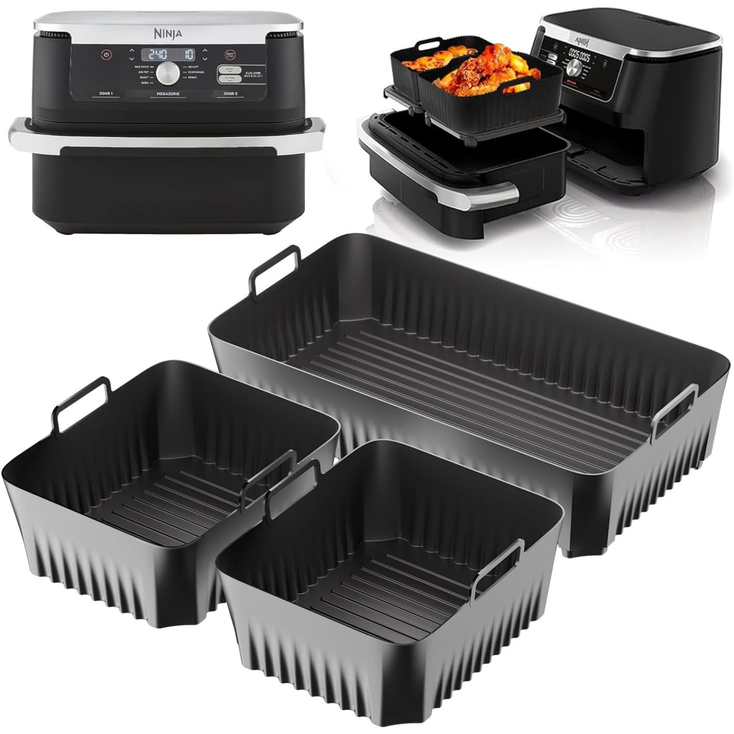 Conjunto de 3 Revestimientos de Silicona Antiadherentes para Freidora Ninja AF500UK y Cajón Foodi Flex - Bandejas Acanaladas Grandes de 5.19L/10.41L, Accesorios para Frígoro Profundo para Cocina Saludable, Utensilios de Cocina | Revestimientos Antiadhere