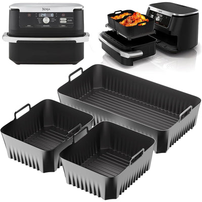 Conjunto de 3 Revestimientos de Silicona Antiadherentes para Freidora Ninja AF500UK y Cajón Foodi Flex - Bandejas Acanaladas Grandes de 5.19L/10.41L, Accesorios para Frígoro Profundo para Cocina Saludable, Utensilios de Cocina | Revestimientos Antiadhere