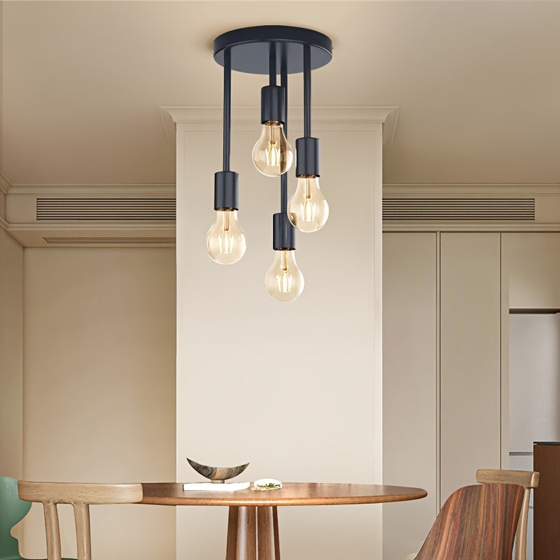 Un candelabro industrial de estilo vintage negro con cuatro enchufes para bombillas E27, adecuado para comedores, bares, cocinas, pasillos, dormitorios, escaleras y entradas (bombillas no incluidas)