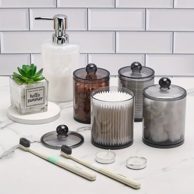 Juego de 4 frascos de plástico transparentes de 12 oz y 10 oz, organizadores y contenedores de almacenamiento para baño, bolas, hisopos, almohadillas redondas, hilo dental, con tapa