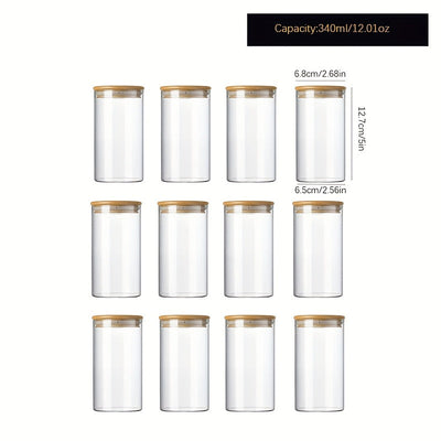 Un conjunto de doce frascos redondos transparentes con tapas de bambú, fabricados con vidrio de borosilicato de alta calidad, adecuados para almacenar granos, frijoles de café y hojas de té, con capacidades de 210 ml, 280 ml y 340 ml.