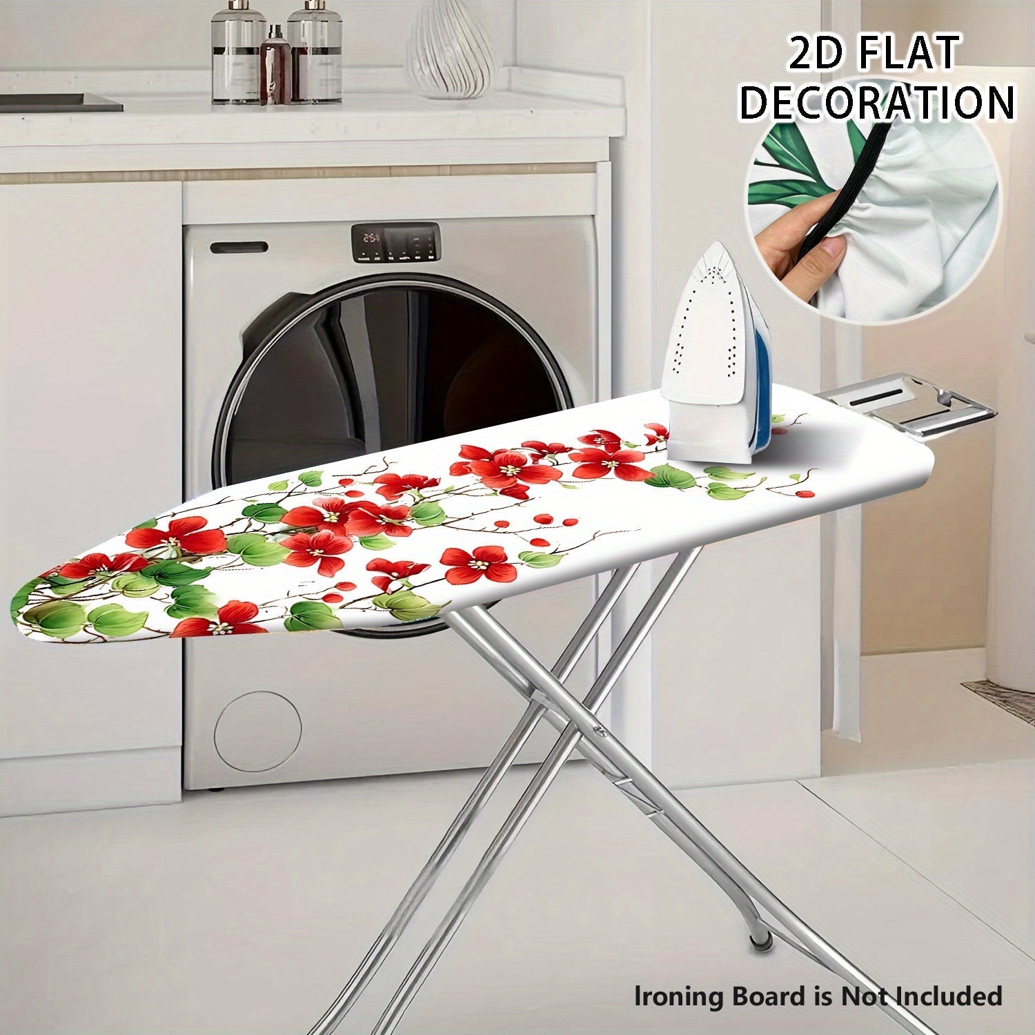 Fundas Lavables para Tabla de Planchar con Decoración Floral - Flores Rojas Elegantes y Hojas Verdes, Ajuste Universal para la Mayoría de Mesas de Planchado Estándar, Accesorio para Sala de Lavandería, No Incluye Mesa, Diseño Vibrante, Fácil Instalación,