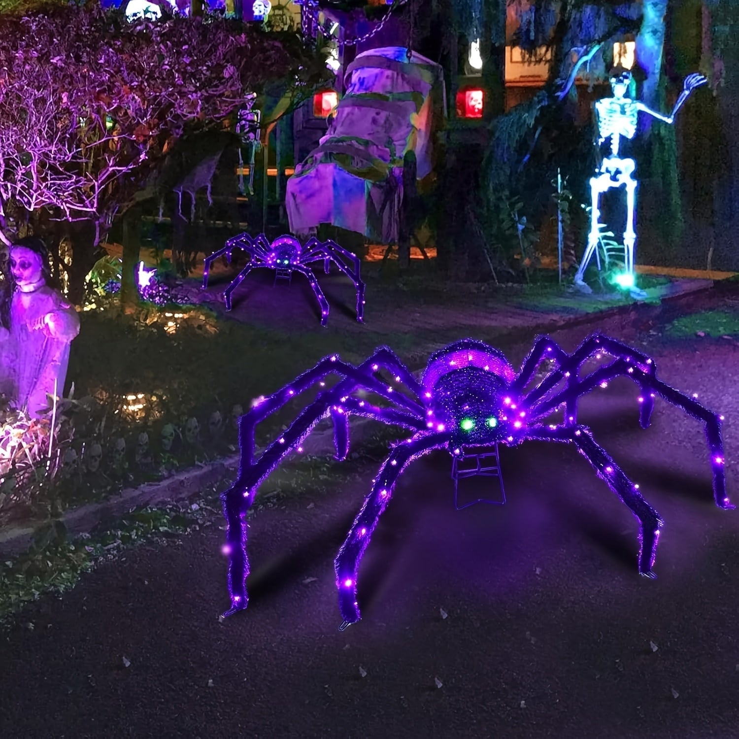Decoración de Halloween de araña gigante - 50,4" (128,02 cm) luz de exteriores con 90 luces LED, estacas de tierra de metal y decoración de porche para la entrada, jardín o fiesta, casas encantadas, decoraciones de Halloween, decoración de jardín, decora