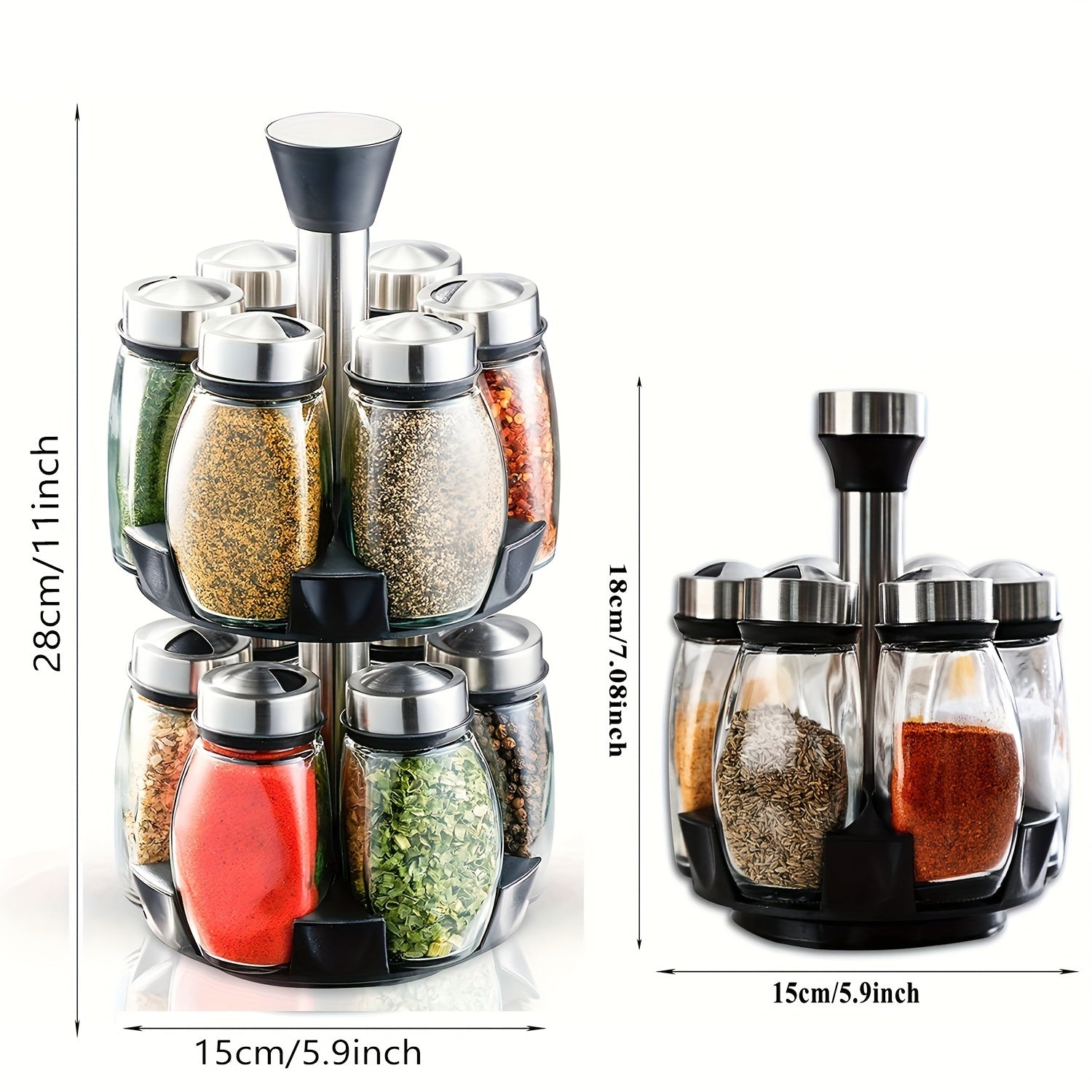 Organizador de especias giratorio 360°, juego de 6/12 frascos con acabado metálico pulido y recipientes de vidrio para rellenar especias, ideal para cocina, alacena o mostrador
