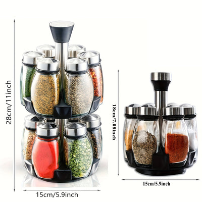 Organizador de especias giratorio 360°, juego de 6/12 frascos con acabado metálico pulido y recipientes de vidrio para rellenar especias, ideal para cocina, alacena o mostrador