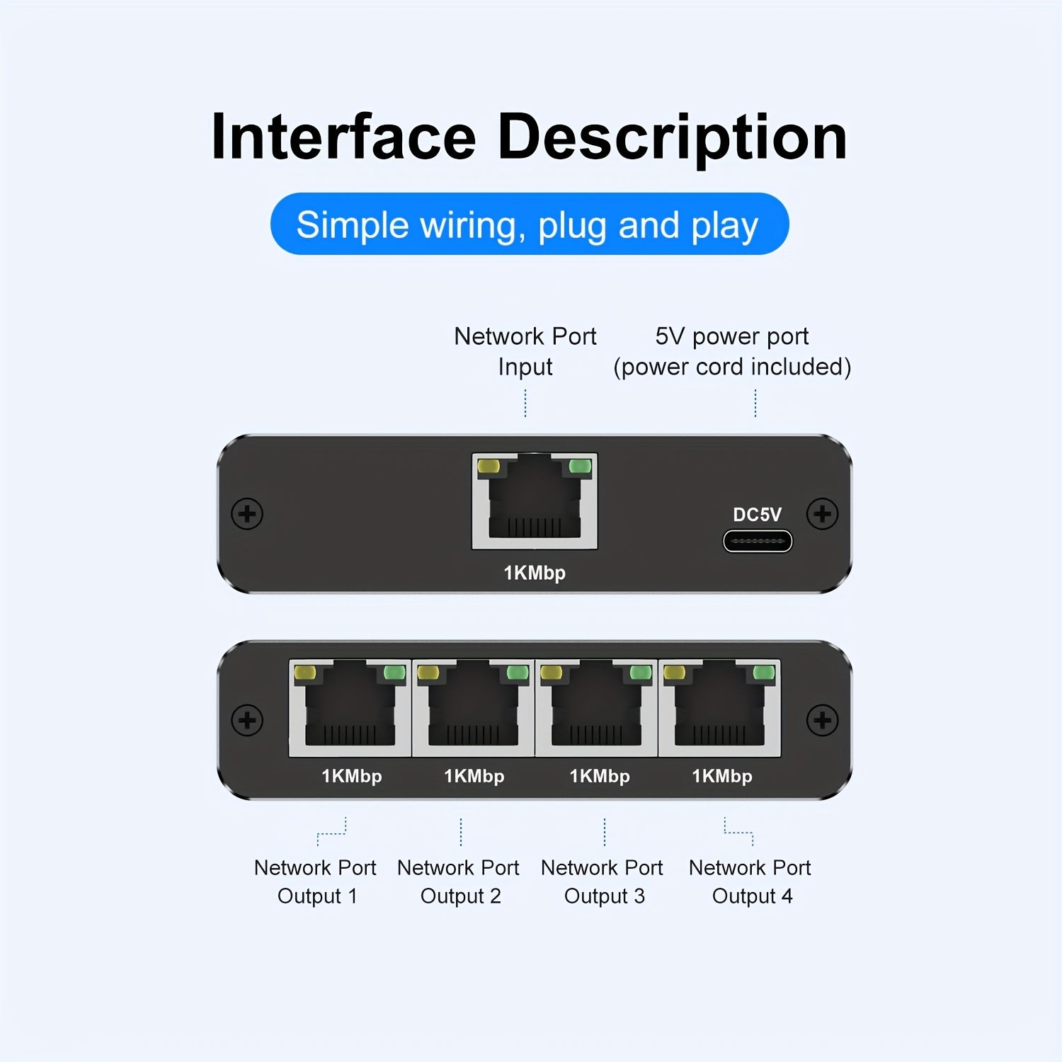 Divisor de Ethernet Gigabit de alta velocidad 1 a 4, 1000 Mbps, alimentado por USB, distribuidor de cable de red, extensión LAN RJ45 para cables Cat8/7/6/5e/5, control fácil con botón, plug and play