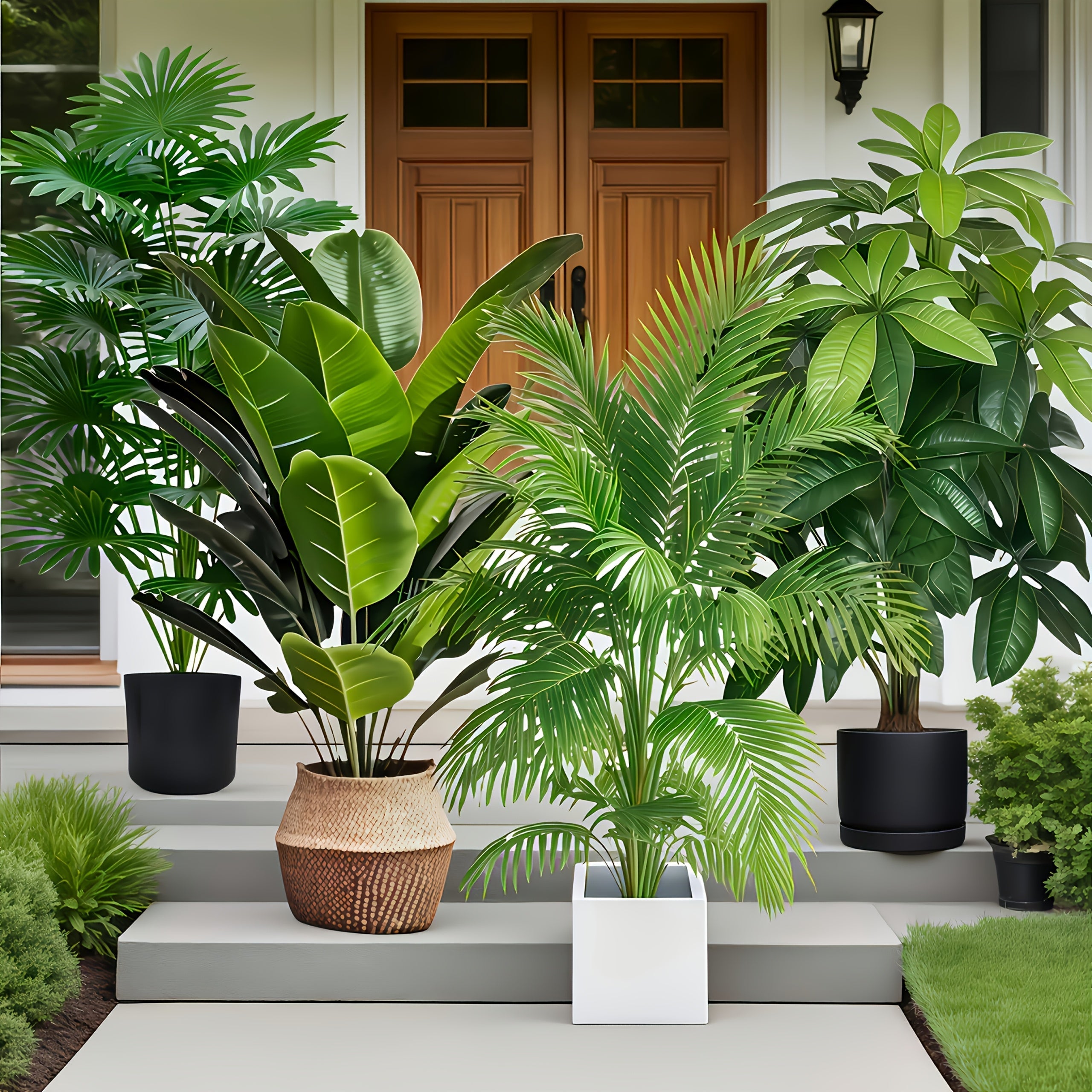 4 piezas, incluye 48 plantas artificiales de hoja grande - árbol de fortuna lush y palma ave del paraíso, aptas para uso exterior - árboles decorativos tropicales de hoja ancha sin mantenimiento, plantas en maceta aptas todo el año para interior/exterior
