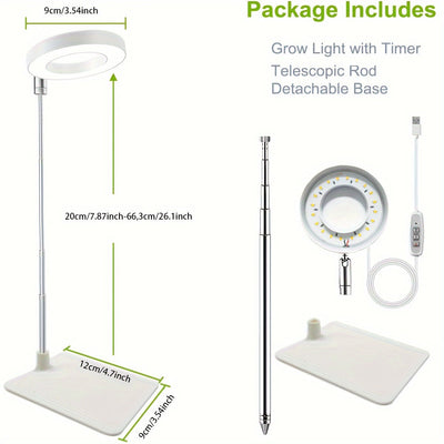 Luz de Cultivo LED Ajustable con Espectro Completo, Alimentada por USB, Anillo de 4 Cabezas para Plantas de Interior y Suculentas - Incluye Temporizador Automático (2/4/8 H)
