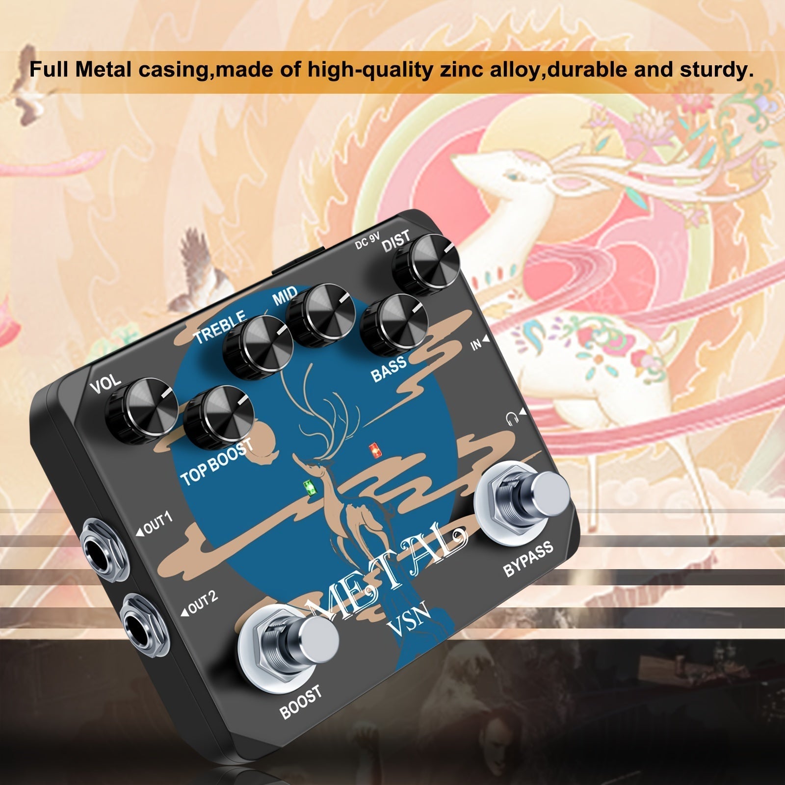 Pedal de Guitarra VSN Heavy Metal con True Bypass, Sonidos Vintage de los 80s/90s, Alimentación USB (Sin Adaptador Incluido), Controles EQ (Agudos/Medios/Bajos/Aumento/Volumen/Distorción), Muff Top Boost Integrado para Guitarras Eléctricas, Rock, Metal,