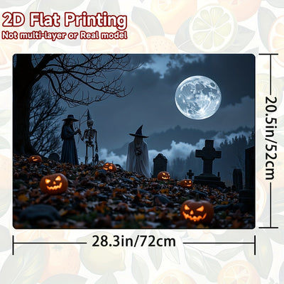 1pc Protector de Encimera para Cocina de Halloween - Decoración Espeluznante con Calabazas, Sombreros de Bruja y Escena de Cementerio - Superficie Antideslizante, Fácil de Limpiar en Poliéster para Estufa, Lavadora, Secadora, Cafetera - Ideal para Decora