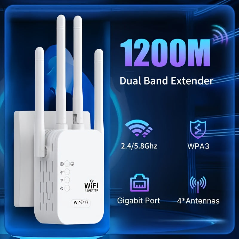 Repetidor de WiFi, Amplificador de WiFi/Extensor - Capacidad para 25 dispositivos, 1200 metros, enchufe de EE. UU. (100-240 V) para cobertura en el hogar/escritorio, amplificador de señal de extensores de WiFi para el hogar, mejorador de Internet para el