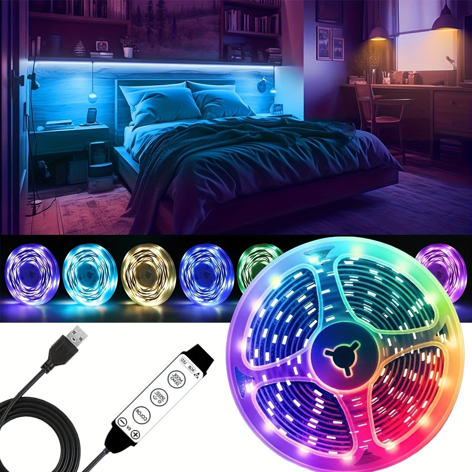 Tiras de luces LED inteligentes BJ-5VRGB de 4.88 metros a 30.48 metros - Interfaz USB, Control de 3 botones, Color y brillo ajustables, Longitud personalizable, Perfectas para fiestas de cumpleaños, fiestas, festivales, decoración de dormitorio, luces de