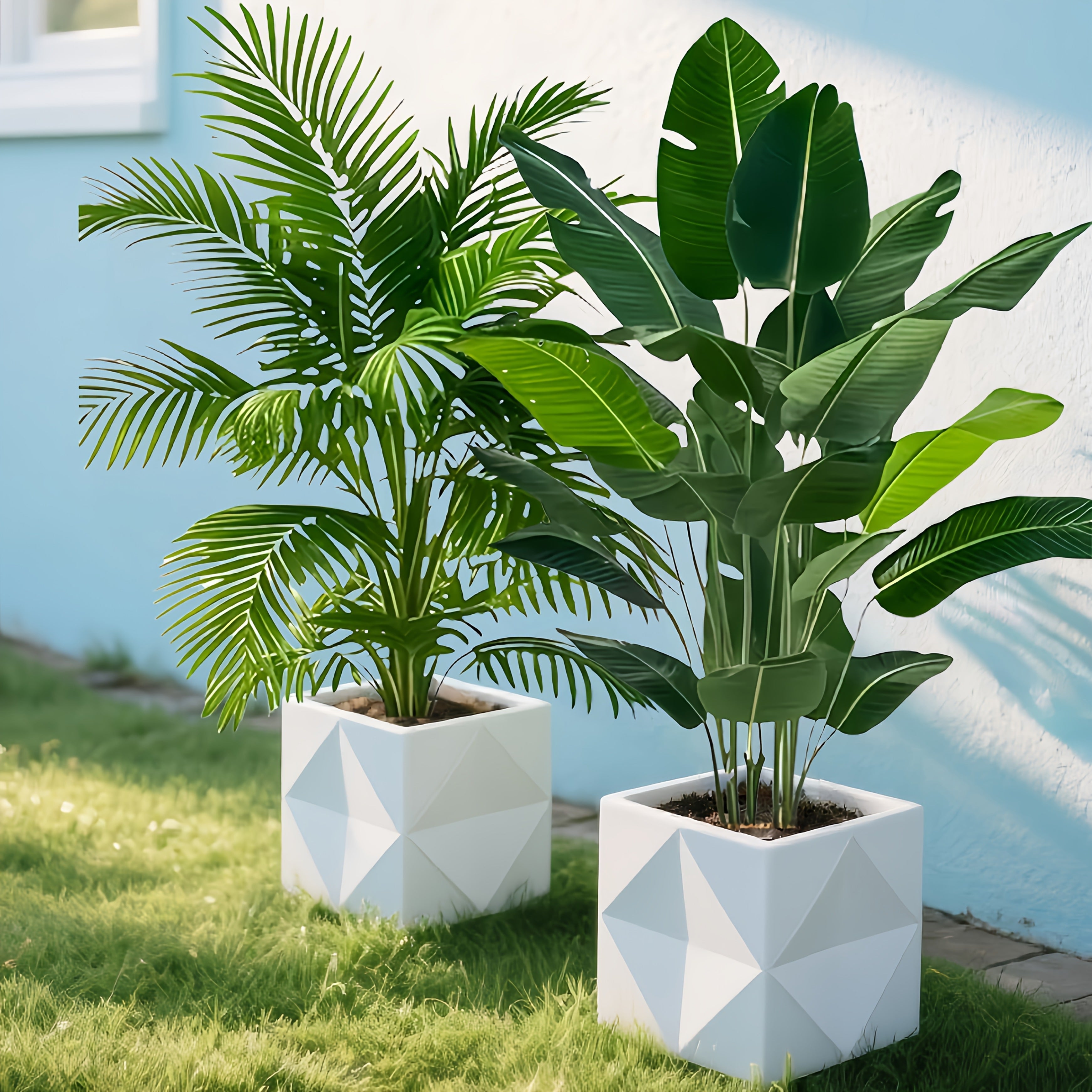 2 piezas de palmera artificial grande con hojas verdes realistas y de alta calidad, juego de árboles de plátano - Vegetación tropical para uso en interiores/exteriores | Ideal para hogar, sala de estar, jardín, patio, alberca, fiestas y celebraciones (Na