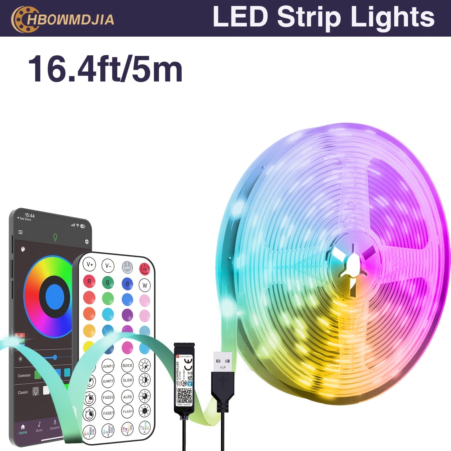 HBOWMDJIA Tiras de Luces LED Inteligentes, 4.88 metros-30.48 metros - Sincronización con Música, Cambio de Color, Alimentadas por USB con App Inalámbrica y Control Remoto - Ideales para Ambiente de Dormitorio, Fiestas en Casa y Decoraciones de Hoteles, L