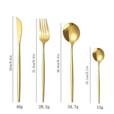 24 piezas de cubiertos de acero inoxidable con opciones doradas y plateadas, con cuchillos, tenedores y cucharas de estilo occidental creativo, aptos para restaurantes y cenas en casa, aptos para lavavajillas.