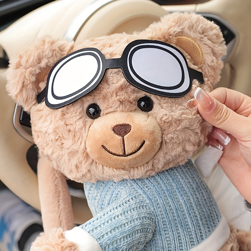 Soporte para Toallas de Papel con Respaldo de Asiento de Coche de Oso Lindo - Accesorio de Peluche Suave y Divertido con Ropa Azul de Trabajo y Gafas, Almacenamiento Colgante Multifuncional para Vehículos Ajustables, Organización del Vehículo | Diseño Ju