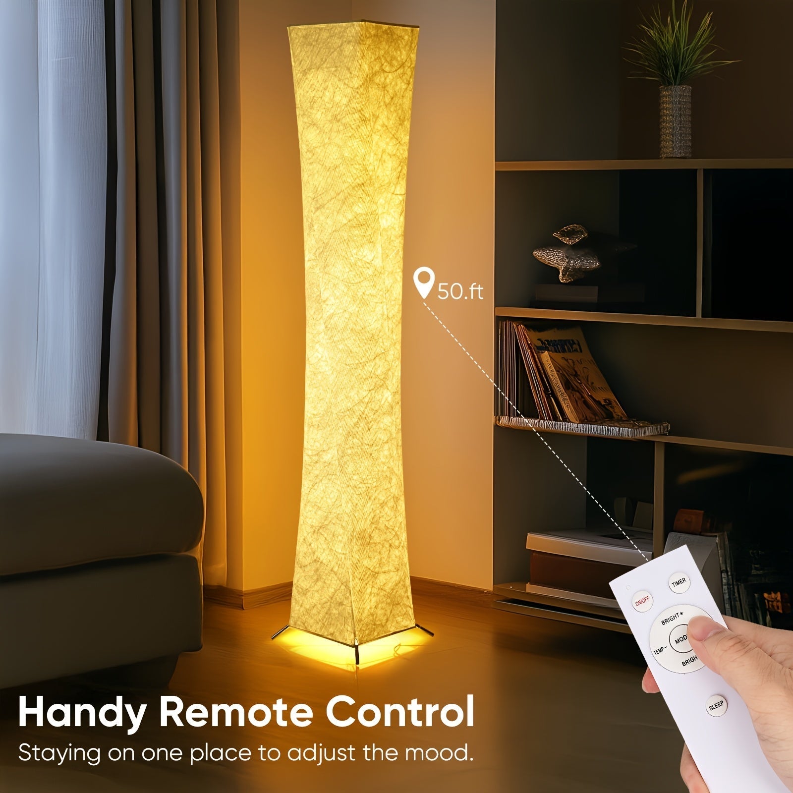 Lámpara de pie LED moderna de 132.08 cm, luz cálida ajustable de 3000K, control remoto, alimentación por USB, acabado metálico mate, pantalla de Tyvek en color sólido, decoración espacial para dormitorio, sala de estar o sala de juegos
