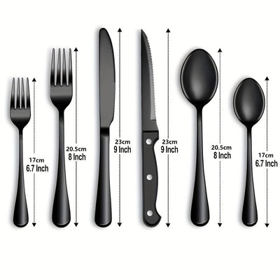 Juego de 24 piezas de cubertería negra, juego de cuchillo y tenedor de acero inoxidable, cuchillo y tenedor de bistec creativo plateado, cuchara y tenedor, cuchara de postre, adecuado para restaurantes en casa, apto para lavavajillas.