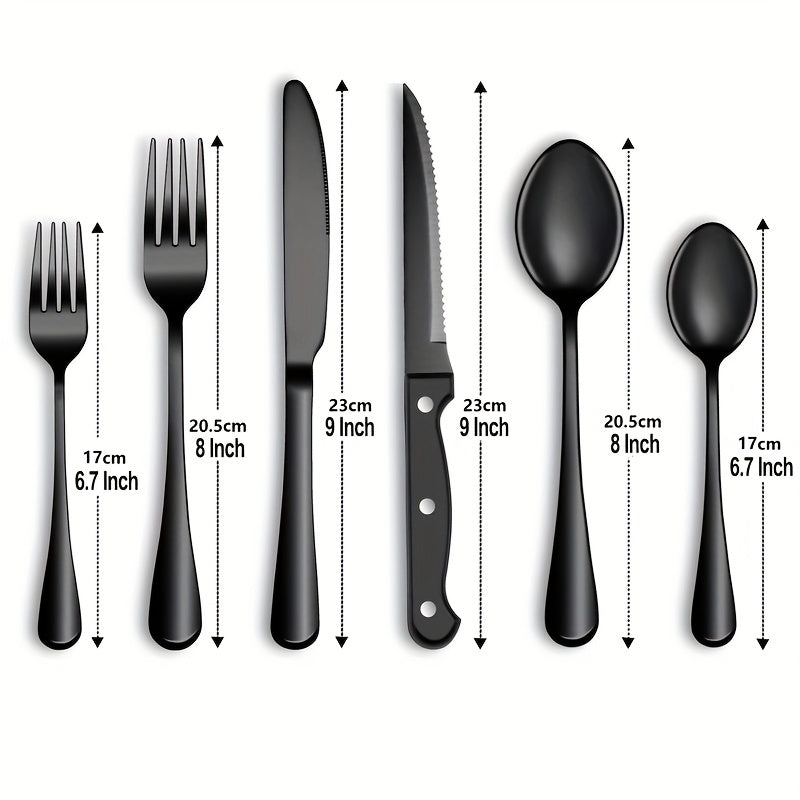 Juego de 24 piezas de cubertería negra, juego de cuchillo y tenedor de acero inoxidable, cuchillo y tenedor de bistec creativo plateado, cuchara y tenedor, cuchara de postre, adecuado para restaurantes en casa, apto para lavavajillas.