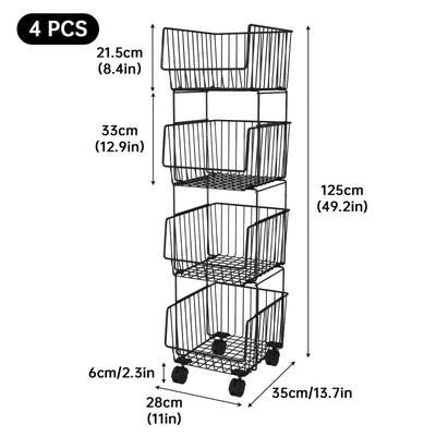 Carrito de cocina metálico resistente de 4 niveles con ruedas, organizador rodante de hierro fundido negro para despensa, garaje u oficina - Fácil armado, sin necesidad de herramientas, organizadores y almacenamiento de cocina