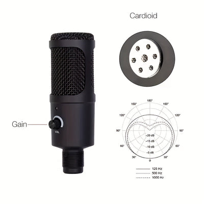 Micrófono de condensador USB con cable para computadoras y teléfonos, adecuado para karaoke, grabación, audiolibros y transmisión en vivo.