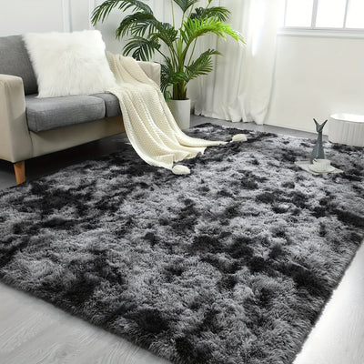 1 pieza, alfombra de felpa larga con degradado tie-dye en gris oscuro, cálida, linda, simple, suave y cómoda, tela premium fácil de limpiar, decorativa para interiores, material grueso y duradero con textura, liviana y portátil para dormitorio, sala de e