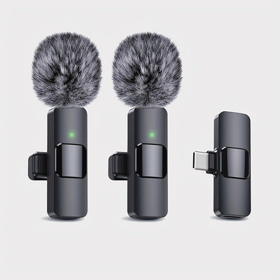 Micrófono Lavalier inalámbrico FengYang con reducción de ruido y controles integrados - Compatible con USB-C para teléfonos inteligentes, laptops, vlogging, clases en línea, podcasts - Micrófono compacto de clip con malla reductora de explosiones (negro)