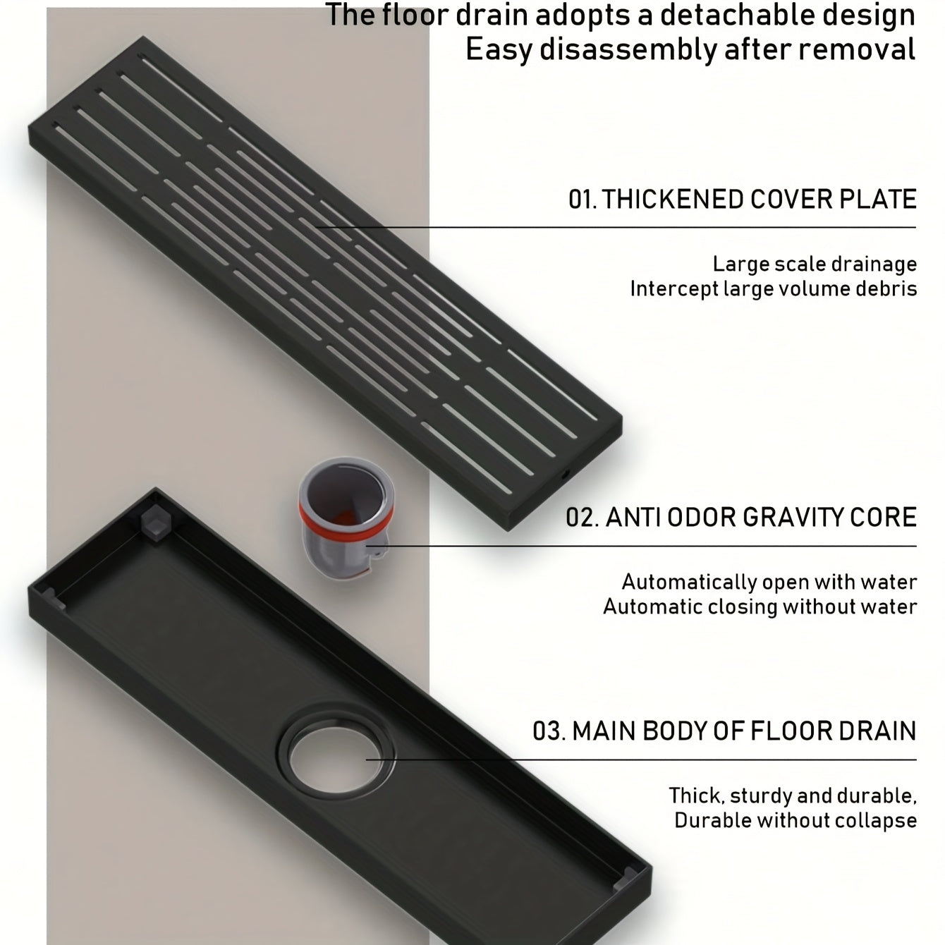 1 desagüe rectangular lineal para baño y ducha, grueso y resistente, con recolector de cabello, material resistente a olores, fácil de limpiar, acabado metálico elegante, construcción duradera