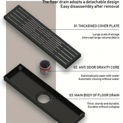 1 desagüe rectangular lineal para baño y ducha, grueso y resistente, con recolector de cabello, material resistente a olores, fácil de limpiar, acabado metálico elegante, construcción duradera