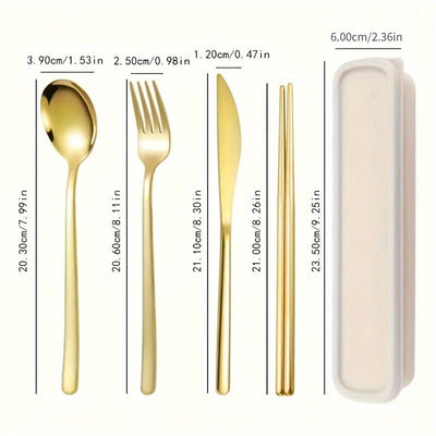 Juego de cubiertos portátil de acero inoxidable, 4 piezas: incluye tenedor, cuchillo, cuchara y palillos chinos, almacenados en una práctica caja para llevar, ideal para comer fuera de casa y comidas al aire libre