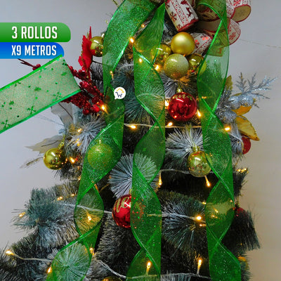 Cinta de Malla Navideña Metalizada x3 Rollos 9 m Verde 6246V