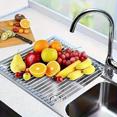 1 unidad de rejilla de drenaje plegable de acero inoxidable, rejilla de filtro de agua, persiana enrollable de fregadero, tazón y palillos, estantería para frutas y verduras, estantería de cocina, rejilla de drenaje plegable, gadgets de cocina, utensilio