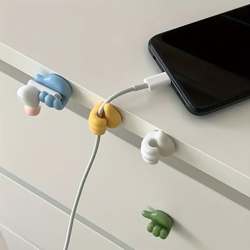 Conjunto de 5 Organizadores de Cables en Forma de Pulgar - Ganchos Adhesivos Sin Taladro para Hogar, Cocina y Dormitorio, Colores Surtidos (Amarillo, Azul, Blanco, Verde), Material Plástico, Ideal para Cargadores y Pequeños Accesorios, Soporte para Cuerd