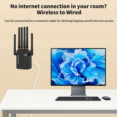 Extensor de red inalámbrica Momotor-WIFI, amplificador de señal de red doméstica, potenciador de WiFi con tasa de 2,4 GHz, potencia tu señal de WiFi, 35 dispositivos en 4 modos de configuración 1-TAP, 6 paquetes de antenas potentes de 360°, cubierta comp