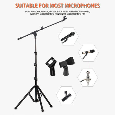 Soporte de micrófono metálico ajustable de alta resistencia - 2 clips de micrófono, adaptador de 3/8" a 5/8", bolsa de transporte incluida para escenario de karaoke, estudio en casa y uso profesional de grabación, soporte de micrófono para cantar, diseño