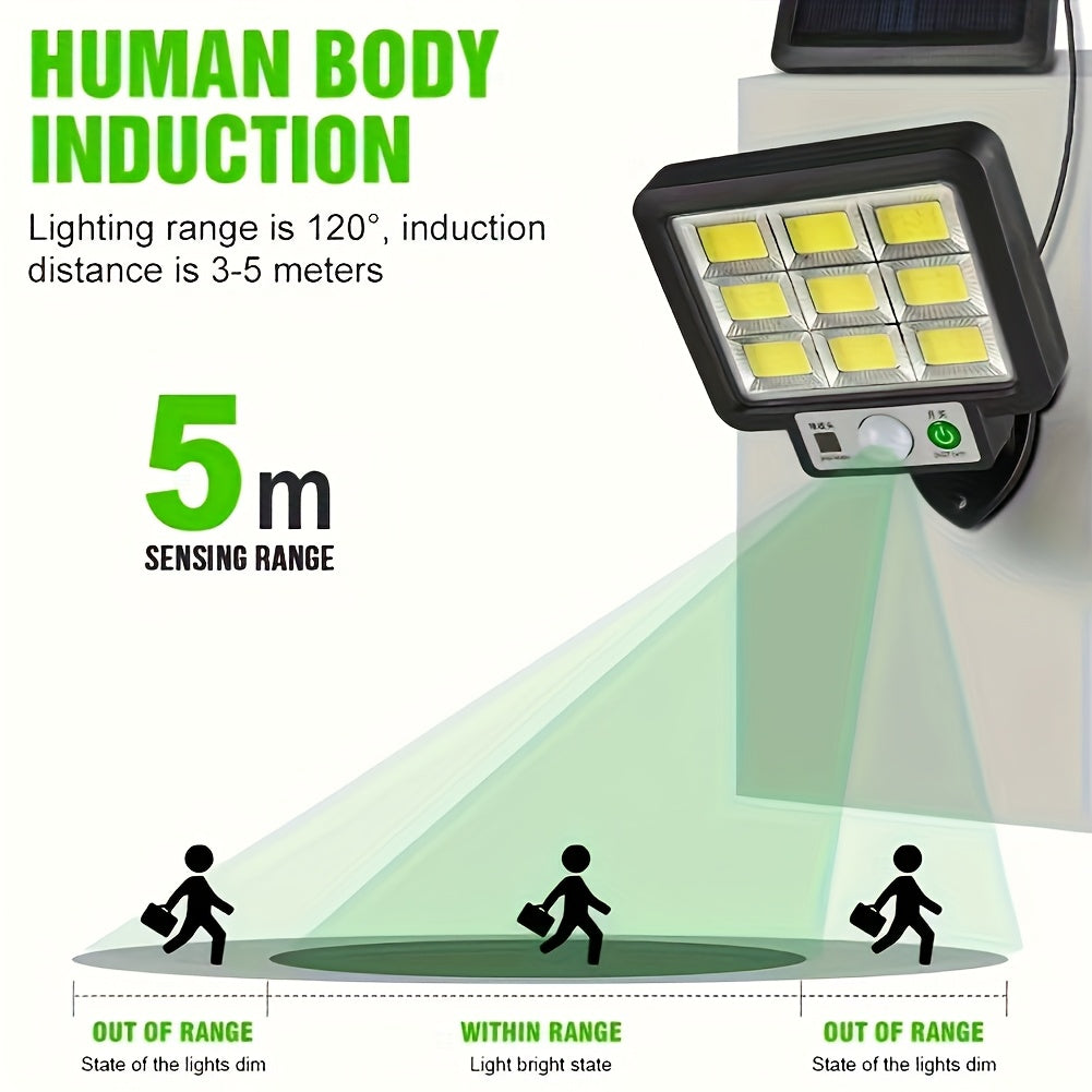 Lámpara solar LED para exterior, 56/72/108/117 LED, 3000 lúmenes, con sensor de movimiento, 3 modos de iluminación, paneles ajustables, seguridad con cable, para patio